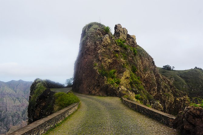 Santo Antão: Full-day Island Tour & Visit to Cova de Paúl Volcano Crater - Fontainhas on a narrow mountain road